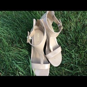 Women’s tan patent leather wedge sandals